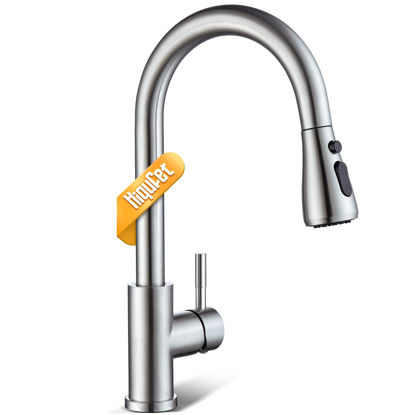 Picture of Hiqufet Kitchen Faucet with Pull Down Sprayer, Brushed Nickel High Arc Single Handle Kitchen Sink Faucet, Stainless Steel Modern Faucets, llaves para fregaderos de cocina