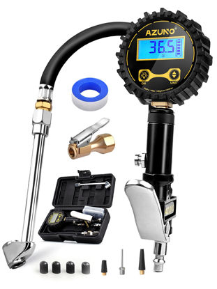 Picture of AZUNO Digital Tire Inflator with Pressure Gauge, 200 PSI, Heavy Duty Air Compressor Accessories, with Rubber Hose Lock on Air Chuck and Quick Connect Coupler, Comes with a Portable Carrying Box