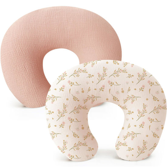 Picture of Konssy 2 Pack Muslin Nursing Pillow Covers, Soft and Adorable Nursing Cover for Breastfeeding Pillows, Pillow Slipcover for Baby Girls Boys Newborn(Pink, Floral)