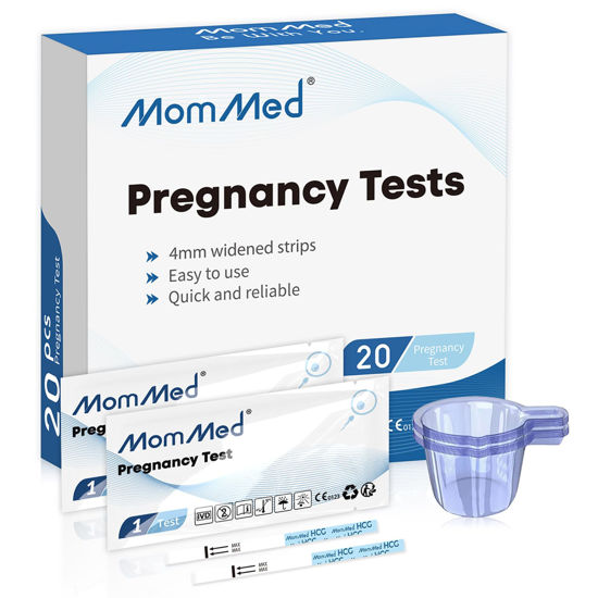 Picture of MomMed Pregnancy Test, 20 HCG Pregnancy Test Strips for Early Detection, Over 99% Accurate, 20 Free Urine Cups, Bulk Pregnancy Tests for Home Use, Pruebas de Embarazo