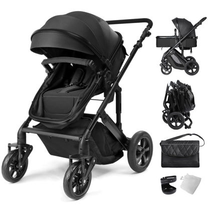 Picture of 2-in-1 Convertible Baby Stroller with Bassinet Mode, Bassinet Stroller with Reversible Seat, Folding Infant Stroller with Adjustable Backrest & Awning, Toddler Pushchair for 0-36 Months, Black