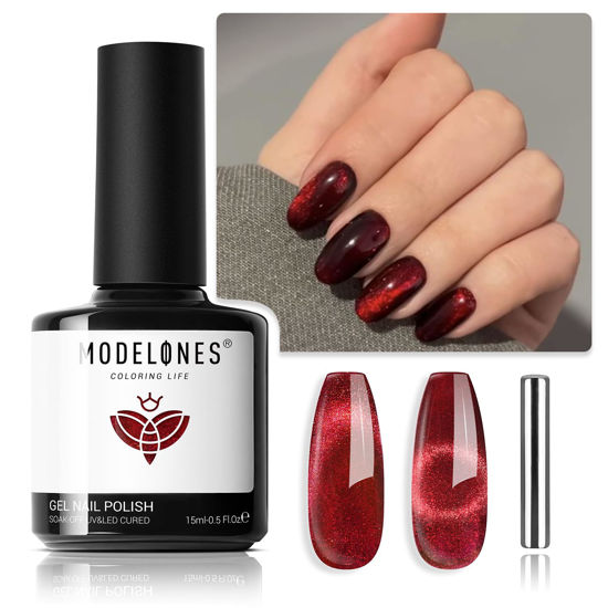 Picture of modelones Cat Eye Gel Nail Polish,15 ML Glitter Red Gel Polish Magnetic Gel Burgundy Red Sparkle Bloody Nail Polish Reflective Translucent UV Ge Art DIY Salon Valentine Gift for Girl Women