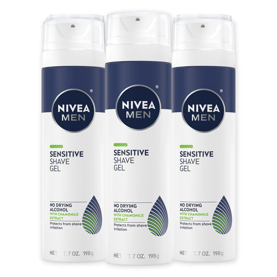 Picture of NIVEA MEN Sensitive Shave Gel with Vitamin E, Soothing Chamomile and Witch Hazel Extracts, No Drying Alcohols, 3 Pack of 7 Oz Cans
