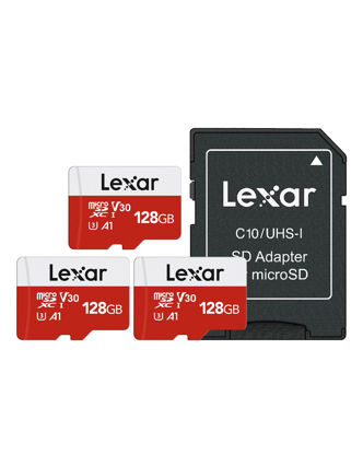 Picture of Lexar E-Series 128GB Micro SD Card 3 Pack, microSDXC UHS-I Flash Memory Card with Adapter, 100MB/s, C10, U3, A1, V30, Full HD, 4K UHD, High Speed TF Card