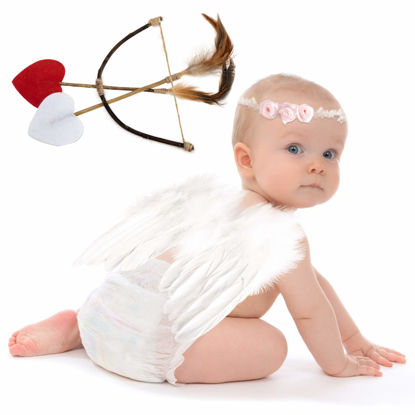 Picture of AMOR PRESENT Baby Angel Wings, 5PCS Newborn Photoshoot Clothes White Angel Feather Wing Baby Cupid Costume Set with Headband Bow Swords Photo Prop Outfit 0-18 Months