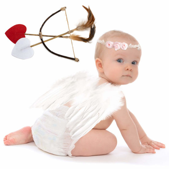 Picture of AMOR PRESENT Baby Angel Wings, 5PCS Newborn Photoshoot Clothes White Angel Feather Wing Baby Cupid Costume Set with Headband Bow Swords Photo Prop Outfit 0-18 Months