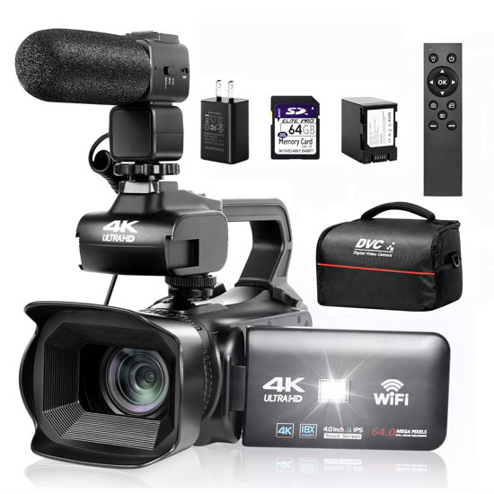 Picture of Lierhyt Upgrade 4K UHD Video Camera Camcorder with Mic, 18X Digital Zoom Auto-Focus Vlogging Camera for YouTube Antishake Video Recorder with 4" Rotating Touch Screen, 64GB SD Card and Battery