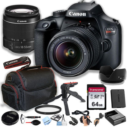 Picture of Canon EOS Rebel T100 (EOS 4000D) DSLR Camera w/EF-S 18-55mm F/3.5-5.6 Zoom Lens + 64GB Memory Card, Case, Hood, Grip-Pod, Filter Professional Photo Bundle (Renewed)