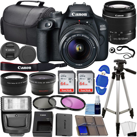 Picture of Canon EOS 4000D / Rebel T100 DSLR Camera w/EF-S 18-55mm f/3.5-5.6 Lens 3 Lens Kit Bundled with 128GB Memory + Wide Angle Lens + Telephoto Lens + Flash + More (Renewed) Black