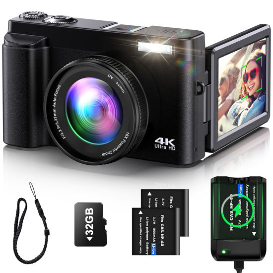 Picture of 4K Digital Camera for Photography Auto-Focus Vlogging Camera for YouTube Video with 3'' 180° Flip Screen 16X Anti-Shake 4K Camera Compact Cameras with SD Card, Flash, 2 Batteries & Battery Charger