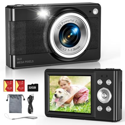 Picture of Upgrade Digital Camera, 56MP FHD 1080P Camera for Kids with 16x Zoom Anti Shake, Kid Camera with 32GB TF Card, Two Batteries, Lanyard, Compact Small Camera for Kids Boys Girls（Black）