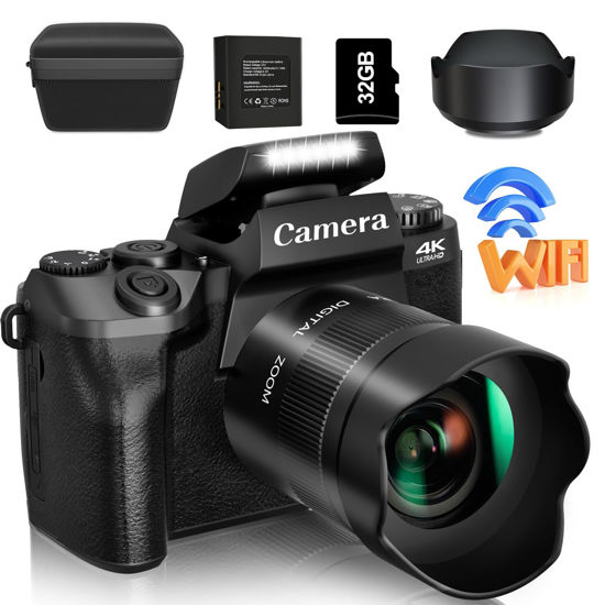 Picture of Saneen Digital Camera, 4k Cameras for Photography & Video, 64MP WiFi Touch Screen Vlogging Camera for YouTube with Flash, 32GB Card, Lens Hood, 3000mAH Battery, Front and Rear Cameras - Black