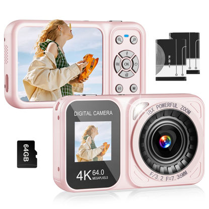 Picture of QUOLODOO Digital Camera, 4K 64MP Dual Screens Camera, 18X Zoom, Point and Shoot Digital Camera with 64GB SD Card & 2 Batteries, Portable Rechargeable Small Camera for Kids Teens Adult, Pink
