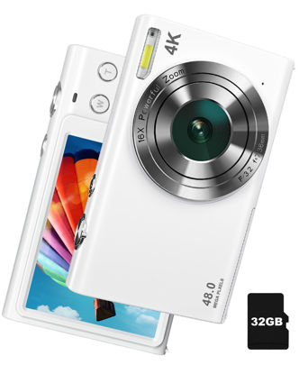 Picture of IGXHAVIZ Digital Camera, 4K Autofocus Vlogging Camera with Flash, 48MP Point and Shoot Digital Camera with 16X Zoom, Anti-Shake, 32GB Card, Portable Compact Camera for Teens Adult Beginner(White)