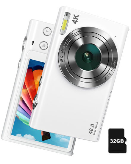 Picture of IGXHAVIZ Digital Camera, 4K Autofocus Vlogging Camera with Flash, 48MP Point and Shoot Digital Camera with 16X Zoom, Anti-Shake, 32GB Card, Portable Compact Camera for Teens Adult Beginner(White)