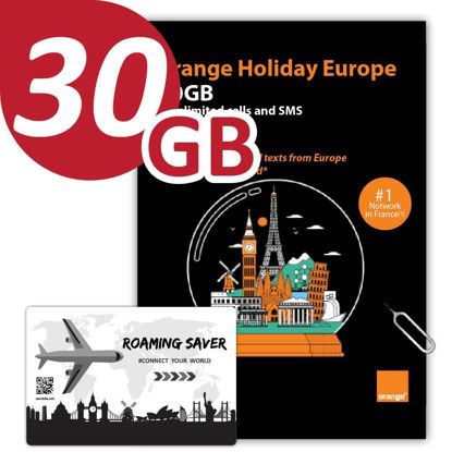 Picture of Orange Holiday Europe Prepaid SIM Card Combo Deal 30GB Internet Data in 5G/4G/LTE (Data tethering Allowed)+120min & 1000 Texts from Europe to Any Country Worldwide+1 Sim Card Holder+1 Pin