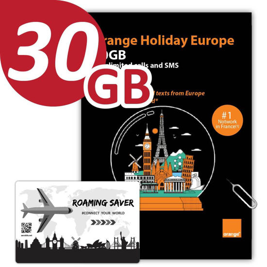 Picture of Orange Holiday Europe Prepaid SIM Card Combo Deal 30GB Internet Data in 5G/4G/LTE (Data tethering Allowed)+120min & 1000 Texts from Europe to Any Country Worldwide+1 Sim Card Holder+1 Pin