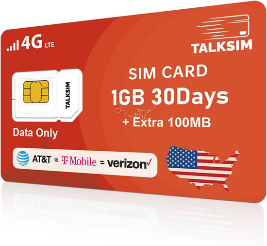 Picture of TALKSIM Data SIM Card 1.1GB 30Days Support Verizon, AT&T and T-Mobile, 4G LTE USA SIM Card Compatible with Unlocked Security Camera/GPS Tracker/Router/Mobile WiFi Hotspot/Tablet iot Devices
