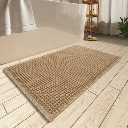 Picture of AMOAMI Upgraded Waffle Bath Mat, Super Absorbent Non Slip Bath Mats for Bathroom Floor, Machine Washable Bathroom Rugs with Tassels, Rubber Backed Bathroom Mats, Ultra Soft, 17" x 24", Brown