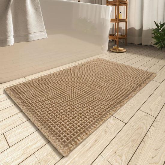 Picture of AMOAMI Upgraded Waffle Bath Mat, Super Absorbent Non Slip Bath Mats for Bathroom Floor, Machine Washable Bathroom Rugs with Tassels, Rubber Backed Bathroom Mats, Ultra Soft, 17" x 24", Brown