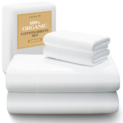Picture of LANE LINEN 100% Organic Cotton Queen Sheet Set, 4Pc Cotton Sheets Queen Size Bed Set, Soft & Breathable Percale Weave, Deep Pocket Queen Sheets, Hotel-Quality Bed Sheets Queen Size - White Bed Sheets