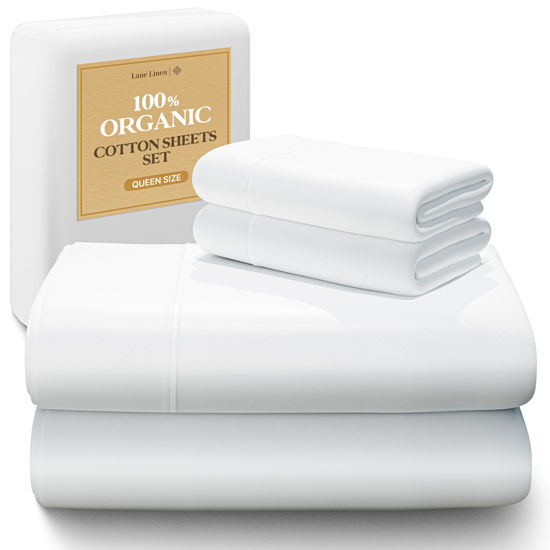 Picture of LANE LINEN 100% Organic Cotton Queen Sheet Set, 4Pc Cotton Sheets Queen Size Bed Set, Soft & Breathable Percale Weave, Deep Pocket Queen Sheets, Hotel-Quality Bed Sheets Queen Size - White Bed Sheets