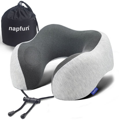 Picture of napfun Neck Pillow for Traveling, Upgraded Travel Neck Pillow for Airplane 100% Pure Memory Foam Travel Pillow for Flight Headrest Sleep, Portable Plane Accessories, Light Grey