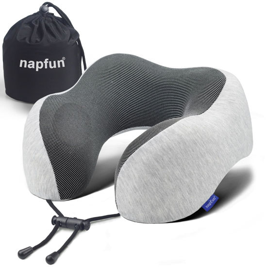 Picture of napfun Neck Pillow for Traveling, Upgraded Travel Neck Pillow for Airplane 100% Pure Memory Foam Travel Pillow for Flight Headrest Sleep, Portable Plane Accessories, Light Grey