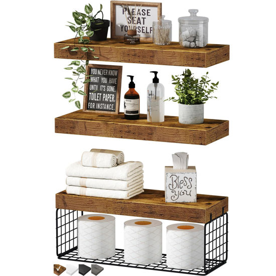 Picture of QEEIG Bathroom Shelves Over Toilet Wall Mounted Floating Shelves Farmhouse Shelf Toilet Paper Storage Small 16 inch Set of 3, Rustic Brown (019-BN3)
