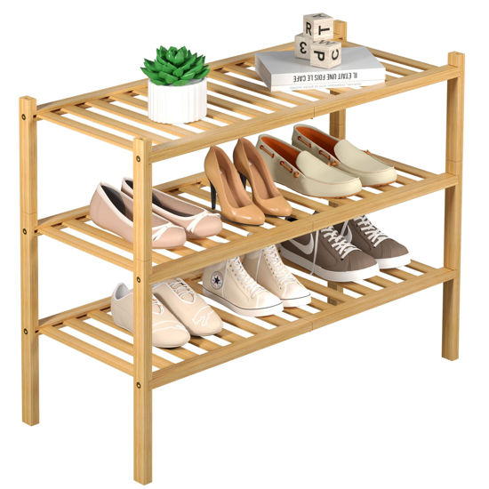 Picture of ROMGUAR CRAFT 3 Tier Bamboo Shoe Rack for Closet Free Standing Wood Shoe Shelf Storage Organizer for Entryway Small Space Stackable 27"x11"x20" (Natural)