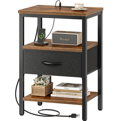 Picture of SUPERJARE Nightstand with Charging Station, Bed Side Table with Adjustable Fabric Drawer, Night Stand for Bedroom, 3-Tier Storage End Table, for Living Room, Rustic Brown and Black