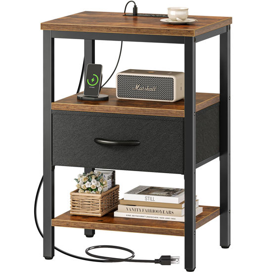 Picture of SUPERJARE Nightstand with Charging Station, Bed Side Table with Adjustable Fabric Drawer, Night Stand for Bedroom, 3-Tier Storage End Table, for Living Room, Rustic Brown and Black