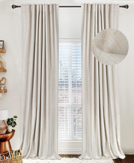 Picture of 100% Blackout Shield Linen Blackout Curtains for Bedroom 84 Inches Long, Back Tab/Rod Pocket Living Room Drapes, Thermal Insulated Blackout Curtains 2 Panels Set, 50" W x 84" L, Cream