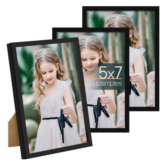 Picture of upsimples 5x7 Picture Frame Set of 3, Made of High Definition Glass for 5 x 7 Black Frames, Wall and Tabletop Display Thin Border Photo Frame for Home Décor