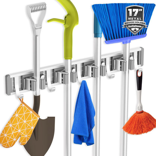 Picture of reliahom Broom Holder Mop Hanger Wall Mount Metal Organization Garage Storage System Garden Kitchen Tool Organizer (4 Racks with 5 Hooks, Silver)