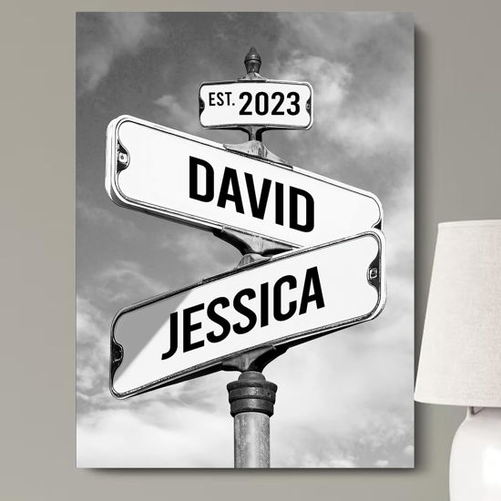 Picture of Personalized Canvas Vintage Street Sign For Couples, Crossroads Street Sign Best Gift For Сouple, Custom Name And Date Vintage Street Sign Canvas Poster Print, Wedding Street Art Canvas Or Poster #1