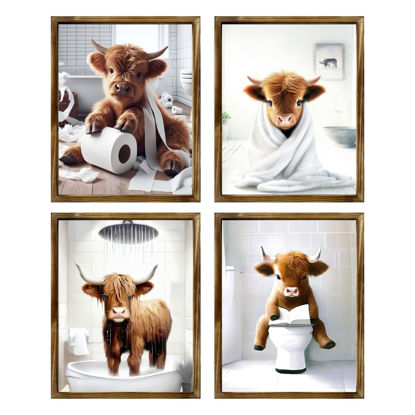 Picture of TWNSLLA Highland Cow Funny Bathroom Decor Wall Art,Bathroom Highland Cow Art Prints,Rustic Farmhouse Bathroom Wall Decor,Funny Bathroom Signs Animal Canvas Wall Art,UNFRAMED,8x10inchx4pcs