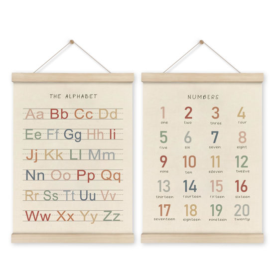 Picture of HRQKO Alphabet Numbers Poster Hanger Frame Set of 2, Nursery Wall Decor, ABC Banner Poster Wall Art with Wooden Frames, Alphabet Banner Wall Hanging Decor for Toddler Playroom Nursery, 12x16 Inch