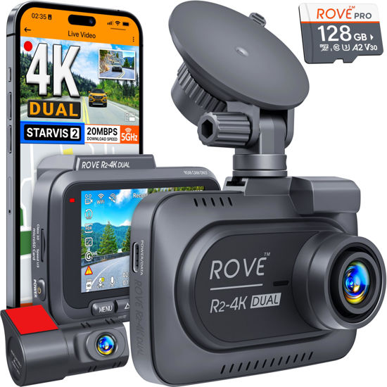 Picture of ROVE R2-4K DUAL Dash Cam Front and Rear, STARVIS 2 Sensor, FREE 128GB Card Included, 5G WiFi - up to 20MB/s Fastest Download Speed with App, 4K 2160P/FHD Dash Camera for Cars, 3" IPS, 24H Parking Mode