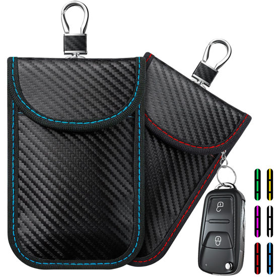 Picture of 2024 Faraday Bag Key Protector, 2 Pack Signal Blocking RFID Key Fob Protector Pouch, Anti-Theft Car Security Cage (Red+Blue, Medium)