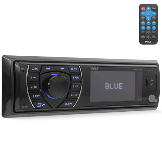 Picture of Pyle Bluetooth Marine Receiver Stereo - 12v Single DIN Style Boat In dash Radio Receiver System with Digital LCD, RCA, MP3, USB, SD, AM FM Radio - Remote Control, Wiring Harness - PLRMR27BTB (Black)