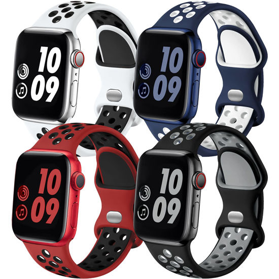 Picture of Adorve 4 Pack Compatible with Apple Watch Band 49mm 46mm 45mm 44mm 42mm iWatch Ultra 2 SE Series 10 9 8 7 6 5 4 3 2 1 Women Men,Breathable Sport Silicone Strap,Blue White/WhiteBlack/BlackGray/RedBlack