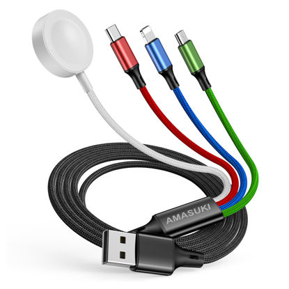 Picture of Travel 4 in 1 iWatch & iPhone Charger,Multi Charging Cable for Apple Watch Charger Wireless USB C Micro Nylon Compatible with iWatch Ultra/SE/10/9/8/7/6/5/4/3/iPhone 16/15/14/13 Galaxy Phone(4FT)