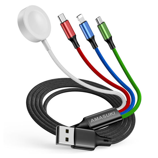 Picture of Travel 4 in 1 iWatch & iPhone Charger,Multi Charging Cable for Apple Watch Charger Wireless USB C Micro Nylon Compatible with iWatch Ultra/SE/10/9/8/7/6/5/4/3/iPhone 16/15/14/13 Galaxy Phone(4FT)