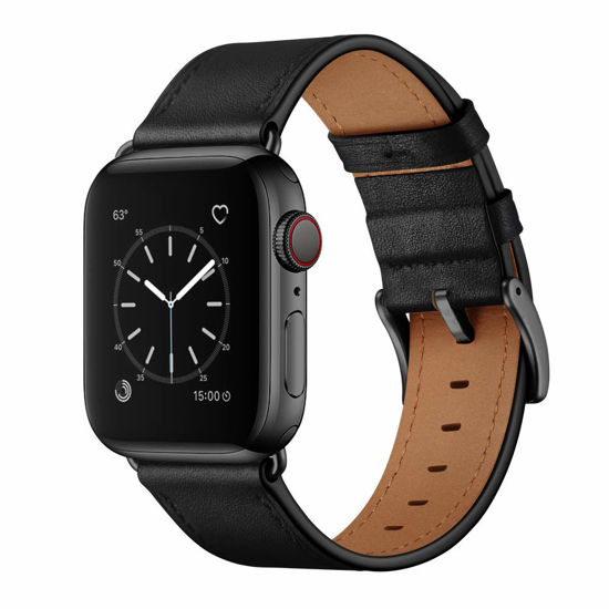Picture of OUHENG Compatible with Apple Watch Band 49mm/46mm/45mm/44mm/42mm, Genuine Leather Band Replacement Strap Compatible with Apple Watch Ultra 2/1 Series 10/9/8/7/6/5/4/3/2/1/SE, Black/Black