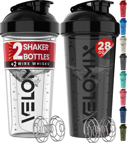 Picture of VELOMIX -2 Pack- 28 oz Protein Shaker Bottles for Protein Mixes - 2x Wire Whisk | Leak Proof Shaker Cups for Protein Shakes | Protein Shaker Bottle Pack | Shakers for Protein Shakes-Black&Transparent