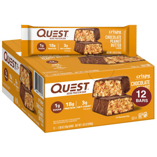 Picture of Quest Nutrition Crispy Chocolate Peanut Butter Hero Protein Bar, 18g Protein, 1g Sugar, 3g Net Carb, Gluten Free Protein Snack, Keto Friendly, 12 Count