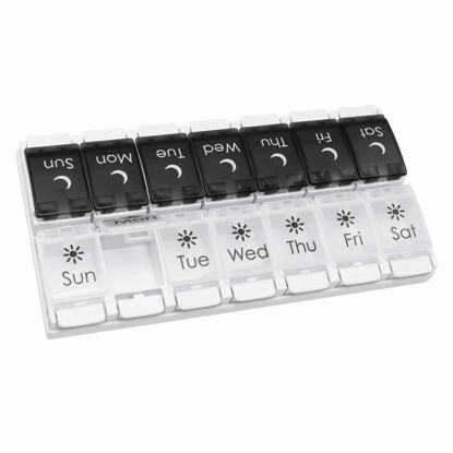 Picture of EZY DOSE Push Button (7-Day) Pill Case, Medicine Planner, Vitamin Organizer, 2 Times a Day AM/PM, Removeabale Trays, Large Compartments, Arthritis Friendly, Black and White Lids, BPA Free