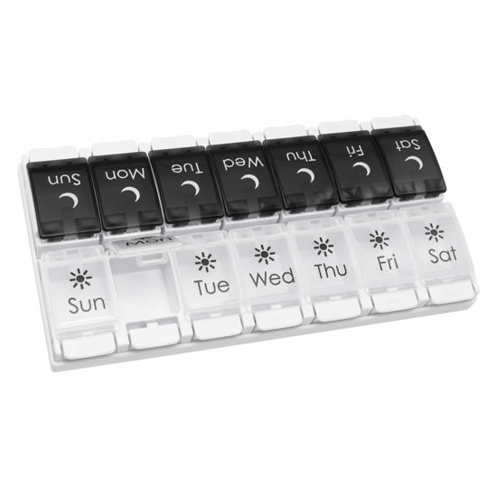 Picture of EZY DOSE Push Button (7-Day) Pill Case, Medicine Planner, Vitamin Organizer, 2 Times a Day AM/PM, Removeabale Trays, Large Compartments, Arthritis Friendly, Black and White Lids, BPA Free