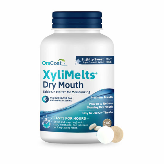Picture of OraCoat XyliMelts Dry Mouth Relief Moisturizing Stick-On-Melts w/Xylitol, 100 Count, Slightly Sweet, Helps Stimulates Saliva for Dry Mouth, Non-Acidic
